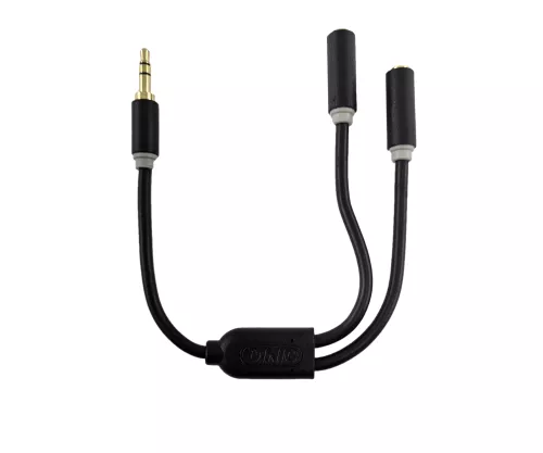 Audio adaptér 3,5 mm jack na 2x jack, pripojenie 2x 3,5 mm jack na jeden konektor, čierny, DINIC box s euro otvorom, dĺžka 0,20 m